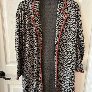 THML Women Leopard Print Long Open Front Cardigan Faux Leather Piping Sz XS